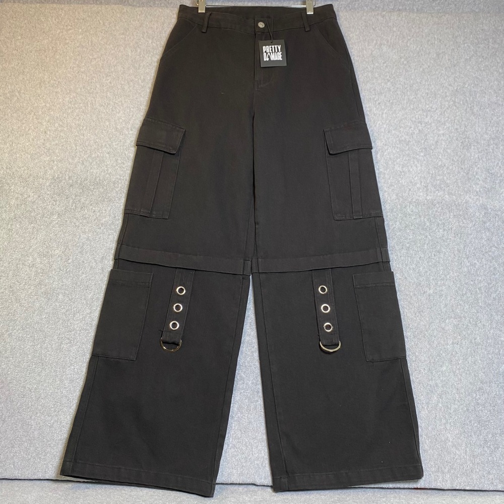 Pretty Damage Cargo Pants Women's Medium Black Wide Leg Grommet Goth Grunge NWT